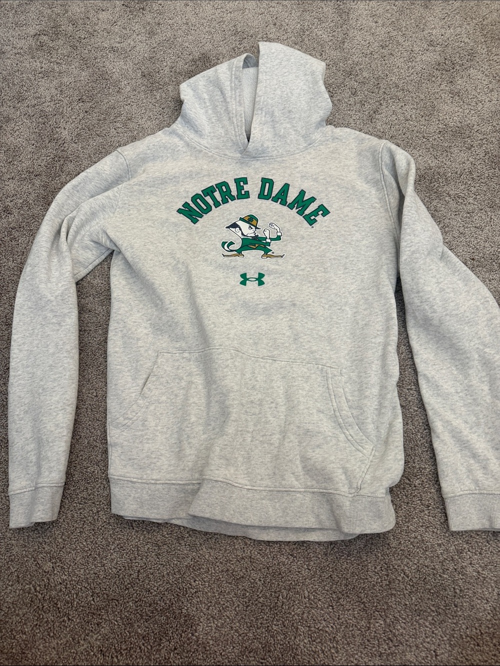 Under Armour Light Gray Notre Dame Hoodie with Green Print